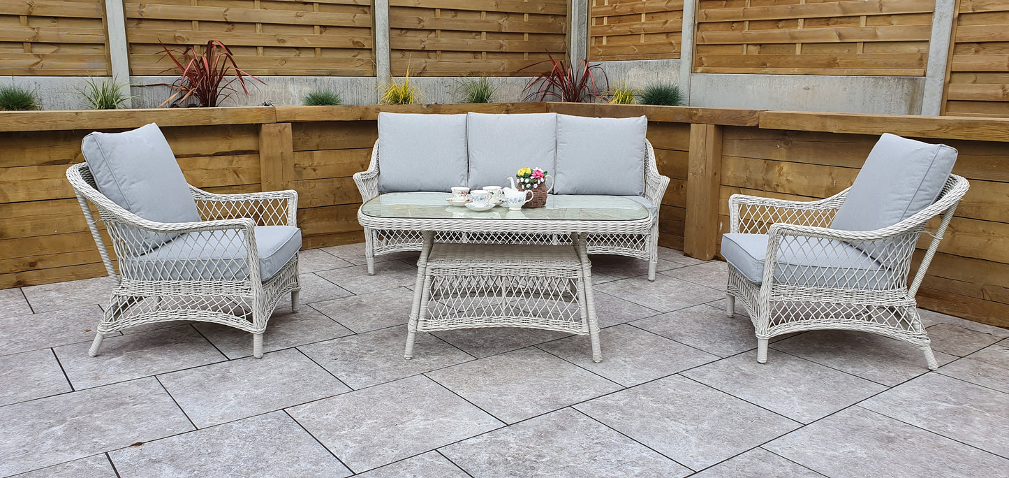 Signature Weave - Outdoor Furniture - Rose - 5 Seat Sofa Set With Coffee Table In Soft White Wicker