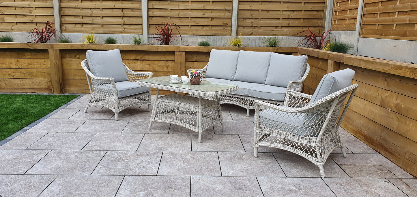 Signature Weave - Outdoor Furniture - Rose - 5 Seat Sofa Set With Coffee Table In Soft White Wicker