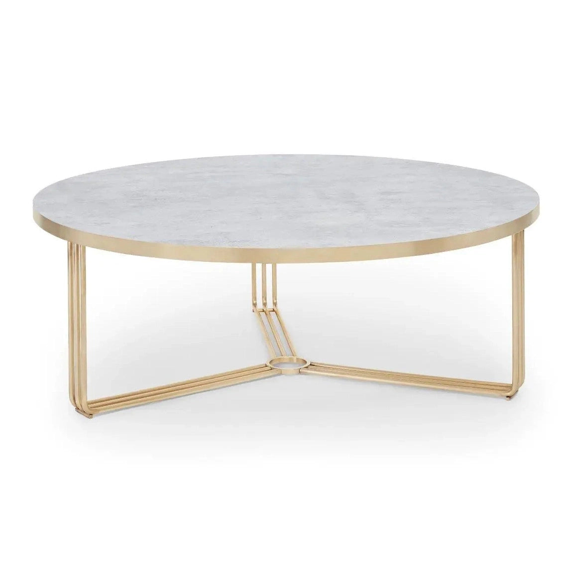 Finn Large Circular Coffee Table Pale Stone Laminate Top & Brass Frame Large Round Coffee Table