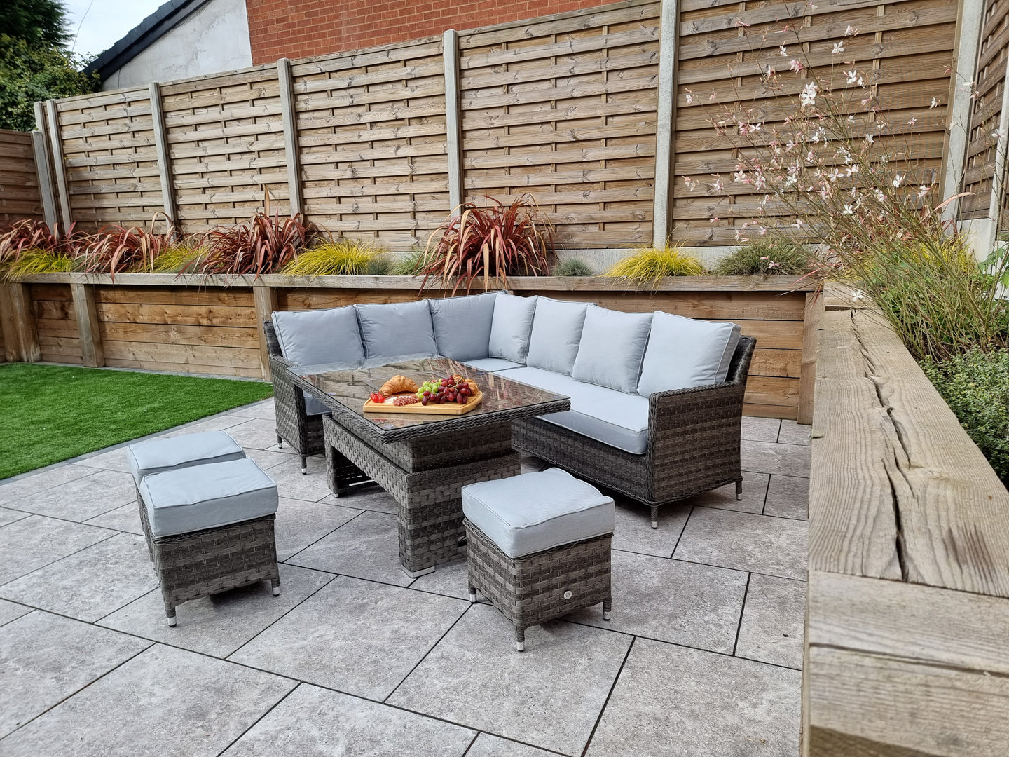 Signature Weave - Edwina Outdoor Grey Corner Sofa Dining Set with Lift Table & Ice Bucket