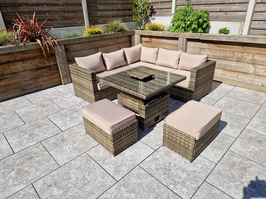 Signature Weave - Outdoor Furniture - Georgia Nature Brown Corner Sofa With Lift Table Ice Bucket & 2 Ottomans