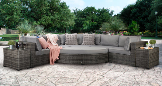 Signature Weave - Outdoor Furniture - Jessica Corner With Poof & End Tables In Mixed Grey