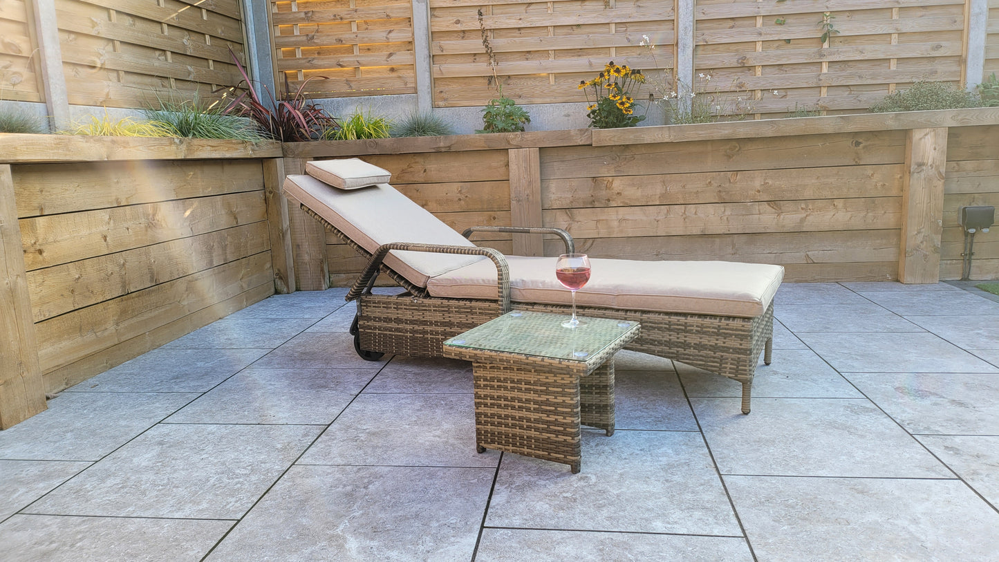 signature Weave - Outdoor Furniture - Savannah - Single Sunlounger With Drinks Table In Natural Brown Weave