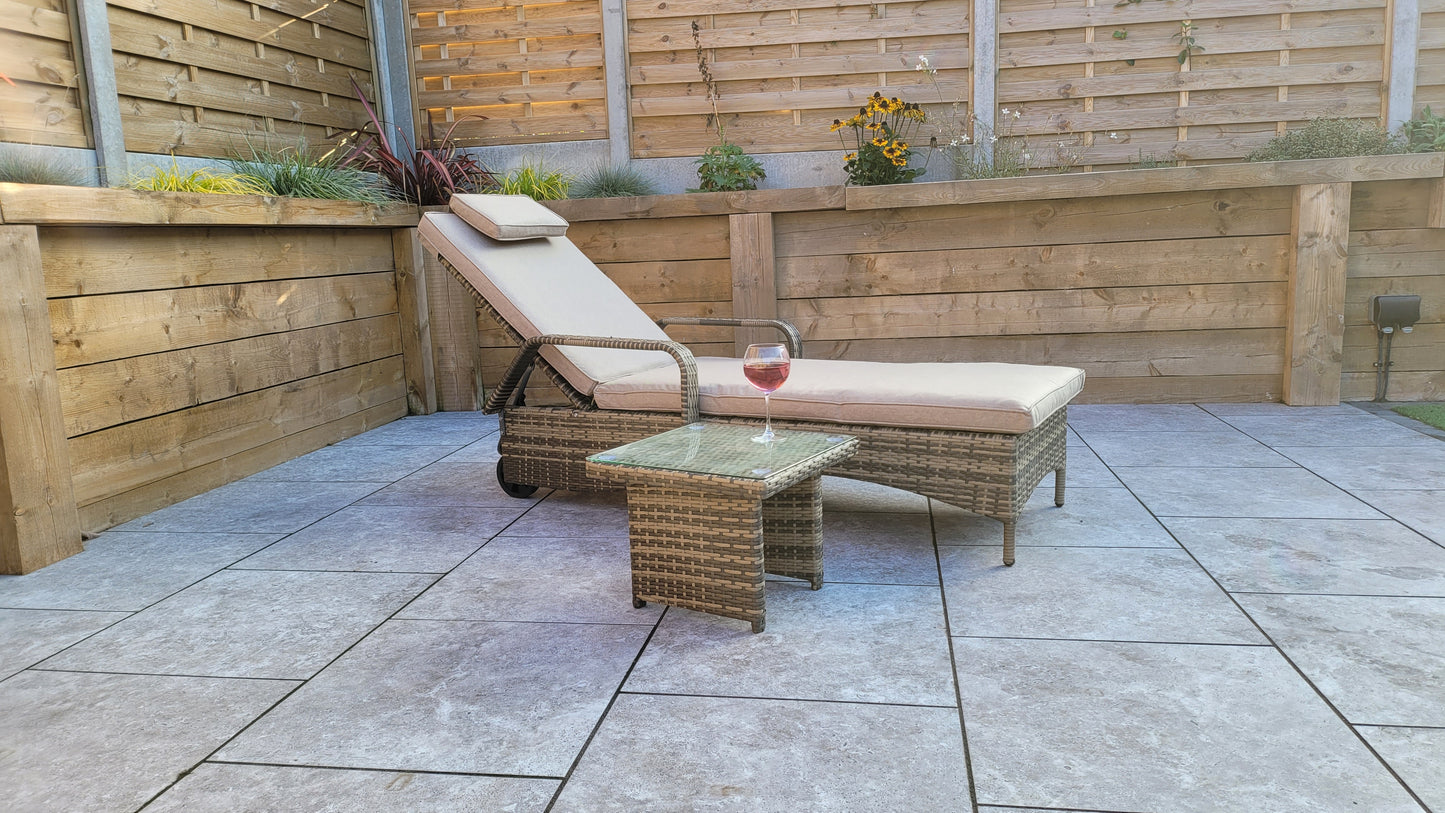 signature Weave - Outdoor Furniture - Savannah - Single Sunlounger With Drinks Table In Natural Brown Weave