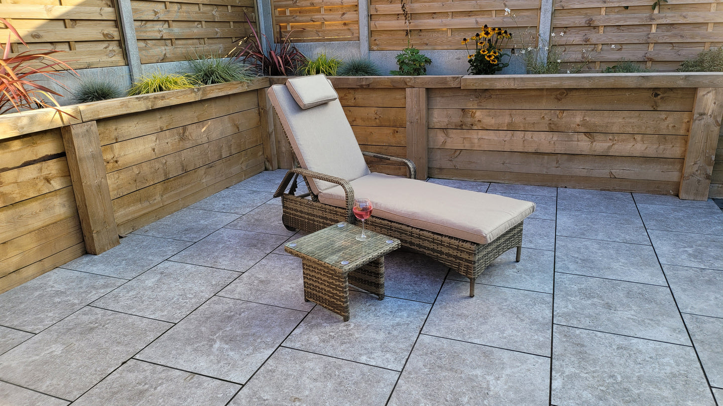 signature Weave - Outdoor Furniture - Savannah - Single Sunlounger With Drinks Table In Natural Brown Weave