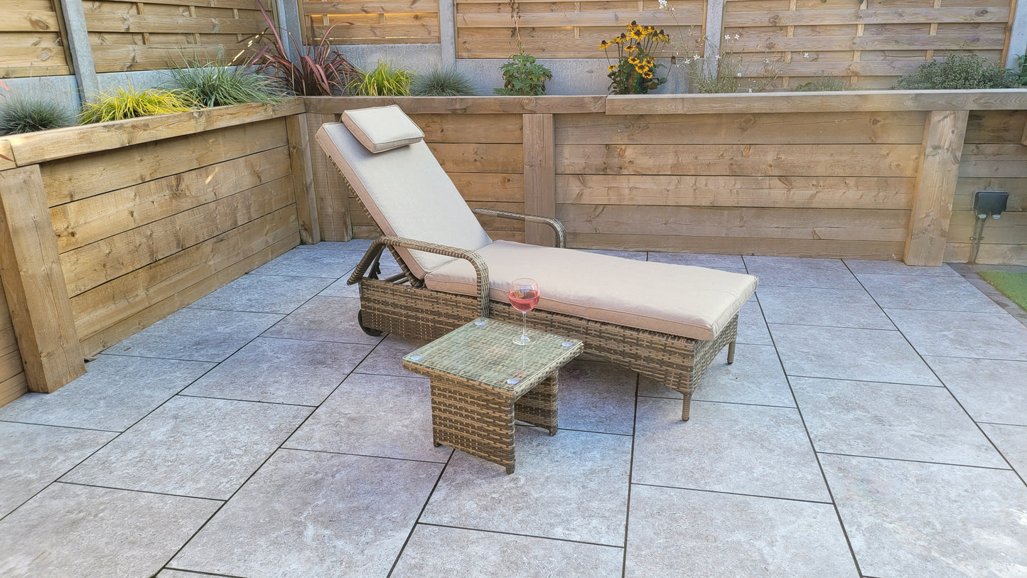 signature Weave - Outdoor Furniture - Savannah - Single Sunlounger With Drinks Table In Natural Brown Weave