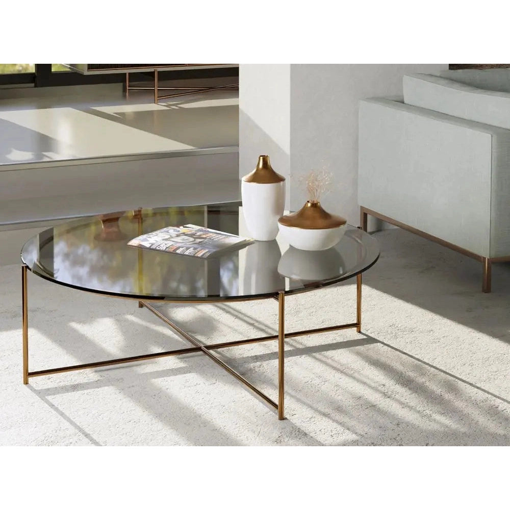 Adriana Large Round Coffee Table Bronze Frame With Smoked Glass Top