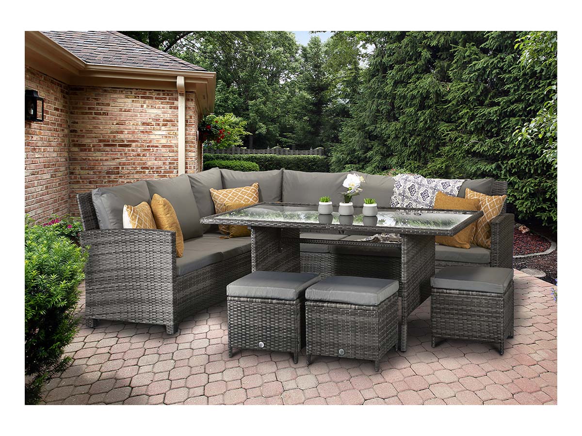 Signature Weave - Charlotte Outdoor Grey Corner Dining Sofa Set with Ottoman Stool Seats