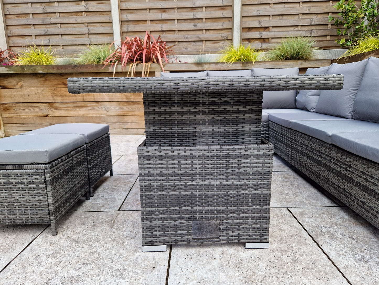 Signature Weave - Outdoor Furniture - Charlotte Corner Dining With Lift Table With Polywood Top In Flat Grey Weave