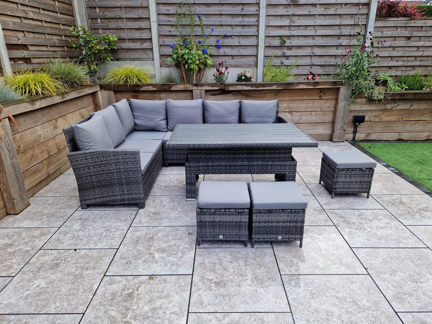 Signature Weave - Outdoor Furniture - Charlotte Corner Dining With Lift Table With Polywood Top In Flat Grey Weave