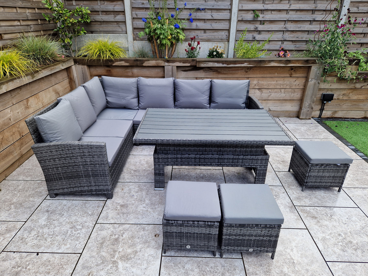 Signature Weave - Outdoor Furniture - Charlotte Corner Dining With Lift Table With Polywood Top In Flat Grey Weave