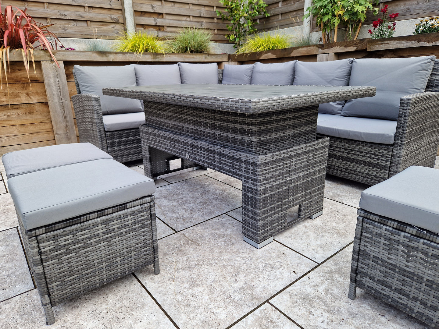 Signature Weave - Outdoor Furniture - Charlotte Corner Dining With Lift Table With Polywood Top In Flat Grey Weave