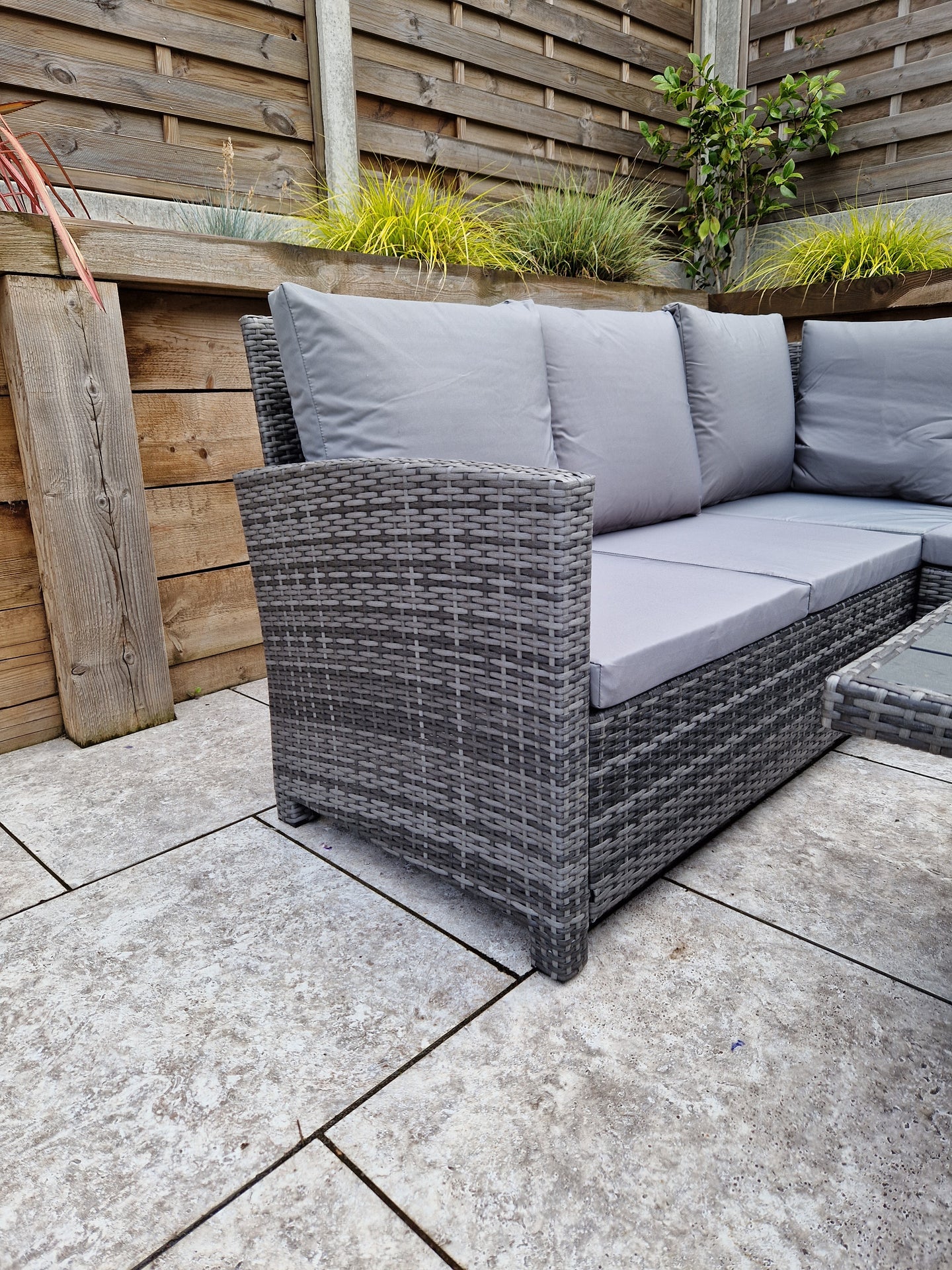 Signature Weave - Outdoor Furniture - Charlotte Corner Dining With Lift Table With Polywood Top In Flat Grey Weave