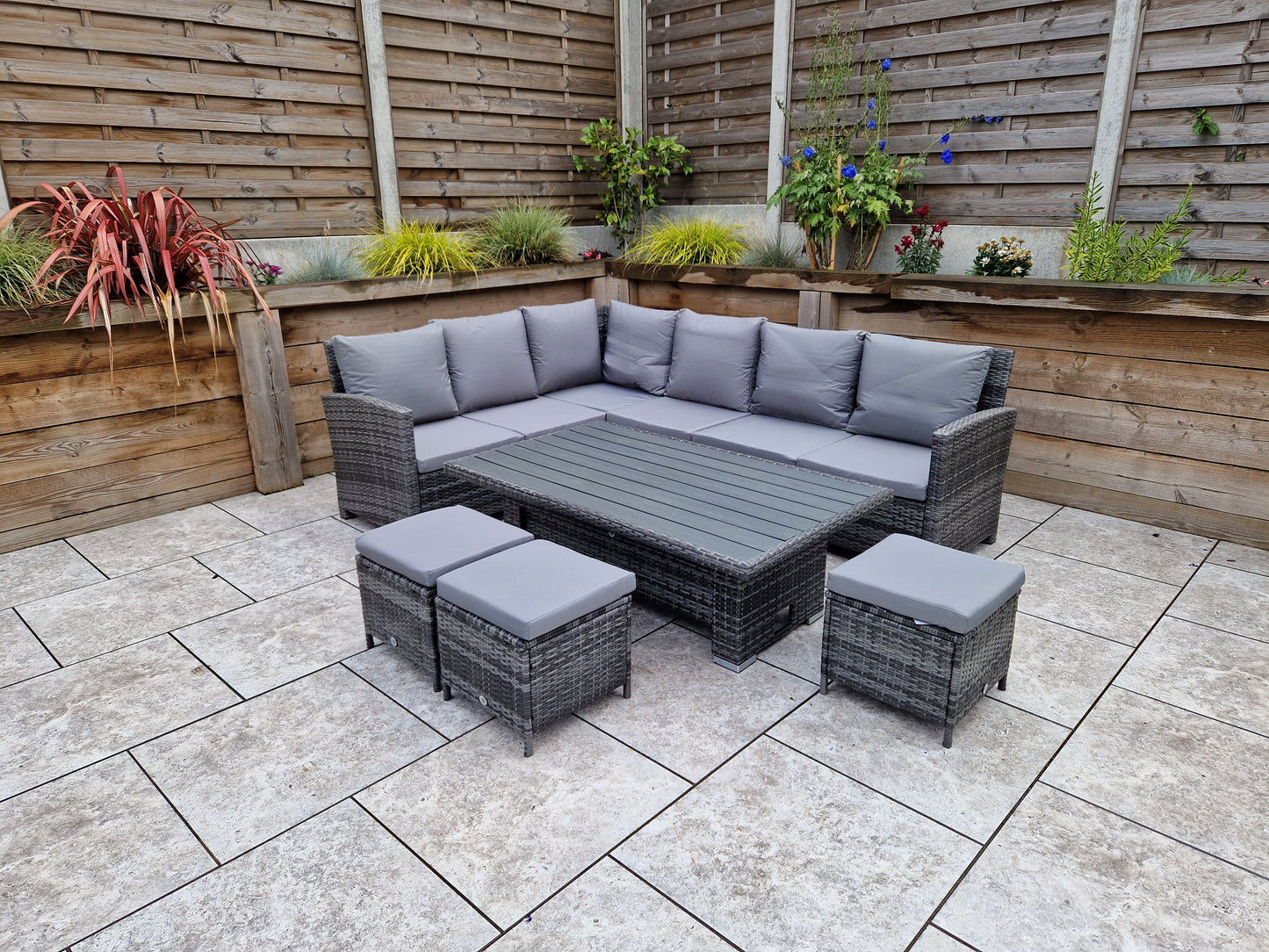 Signature Weave - Outdoor Furniture - Charlotte Corner Dining With Lift Table With Polywood Top In Flat Grey Weave