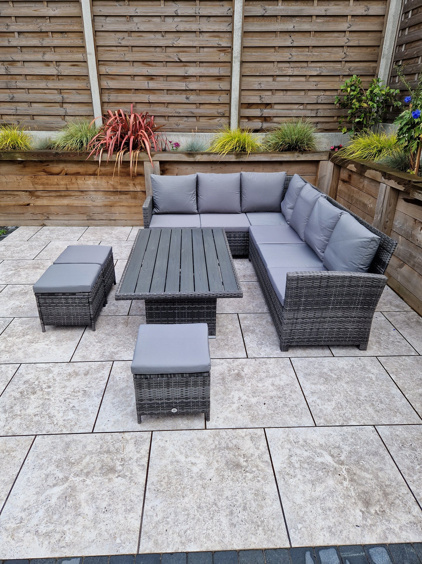 Signature Weave - Outdoor Furniture - Charlotte Corner Dining With Lift Table With Polywood Top In Flat Grey Weave