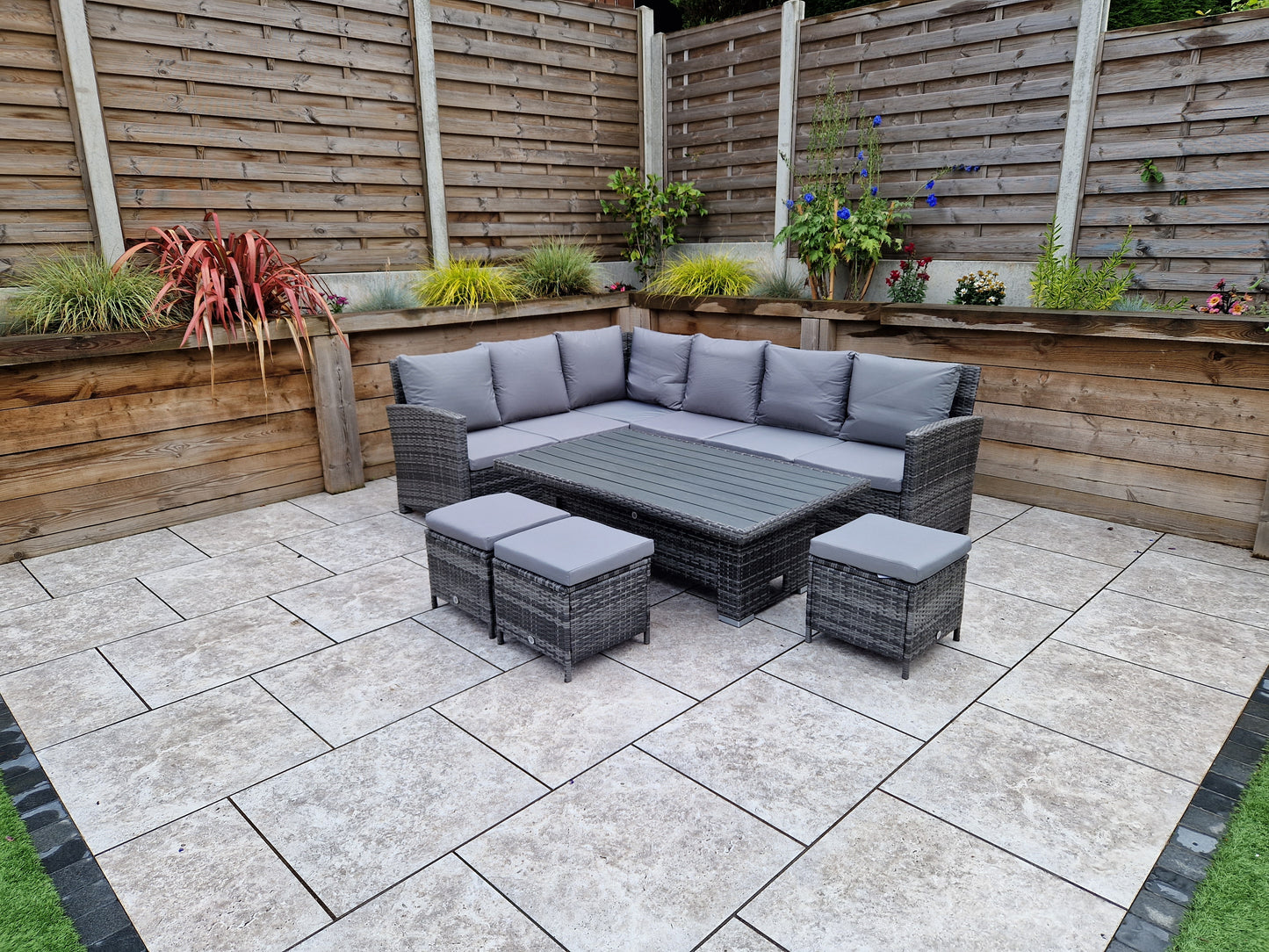 Signature Weave - Outdoor Furniture - Charlotte Corner Dining With Lift Table With Polywood Top In Flat Grey Weave