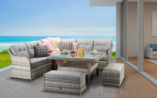 Signature Weave - Outdoor Furniture - Large Corner Dining Set With Benches In Silver Grey Wicker With Pale Grey Cushions