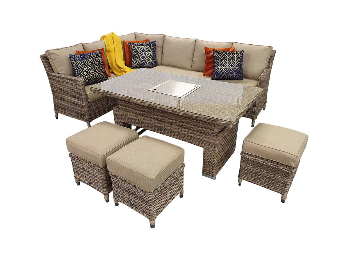 Signature Weave - Edwina Outdoor Natural Brown Corner Sofa Set with Lift Table & Ice Bucket