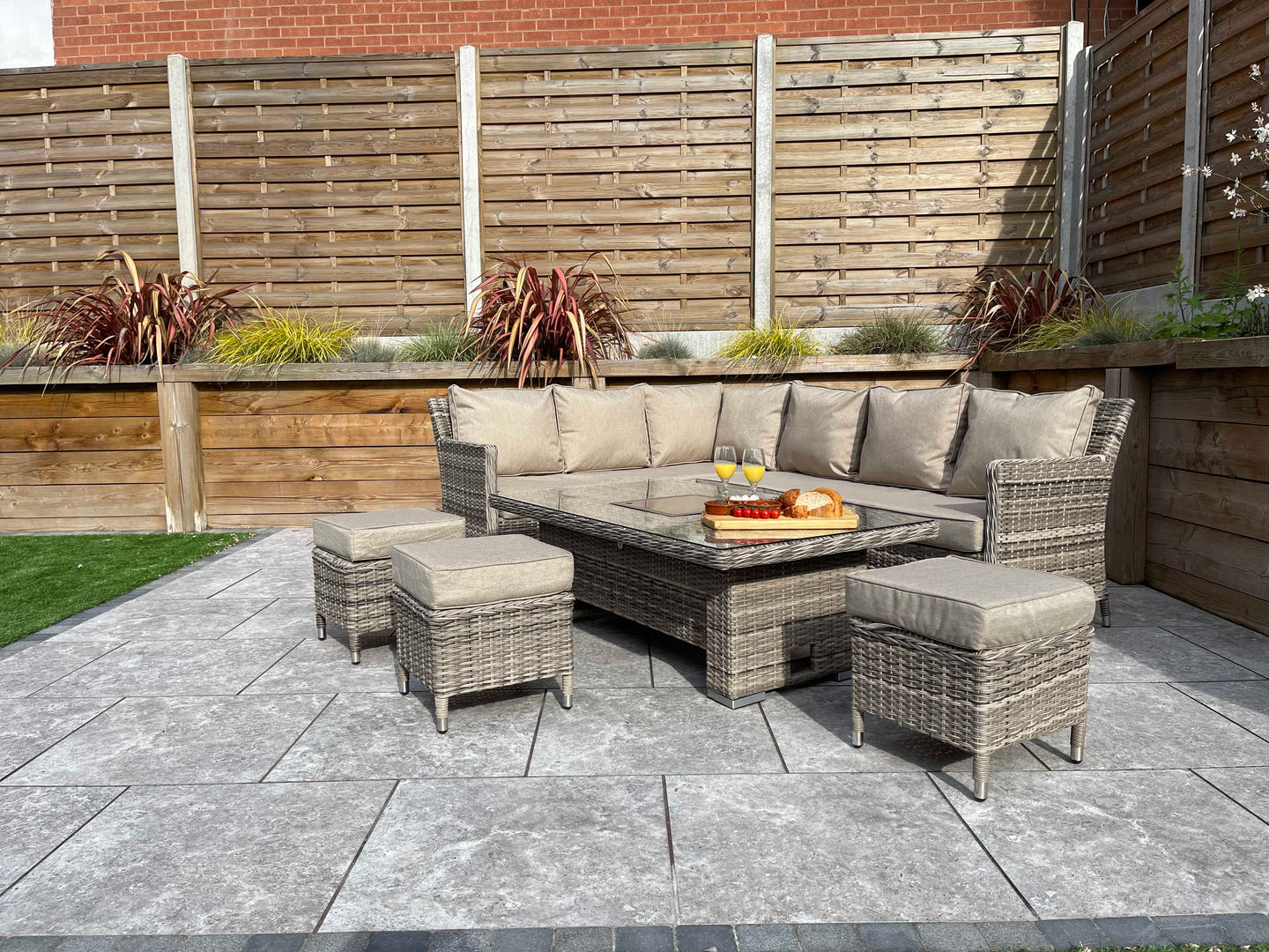 Signature Weave - Edwina Outdoor Natural Brown Corner Sofa Set with Lift Table & Ice Bucket