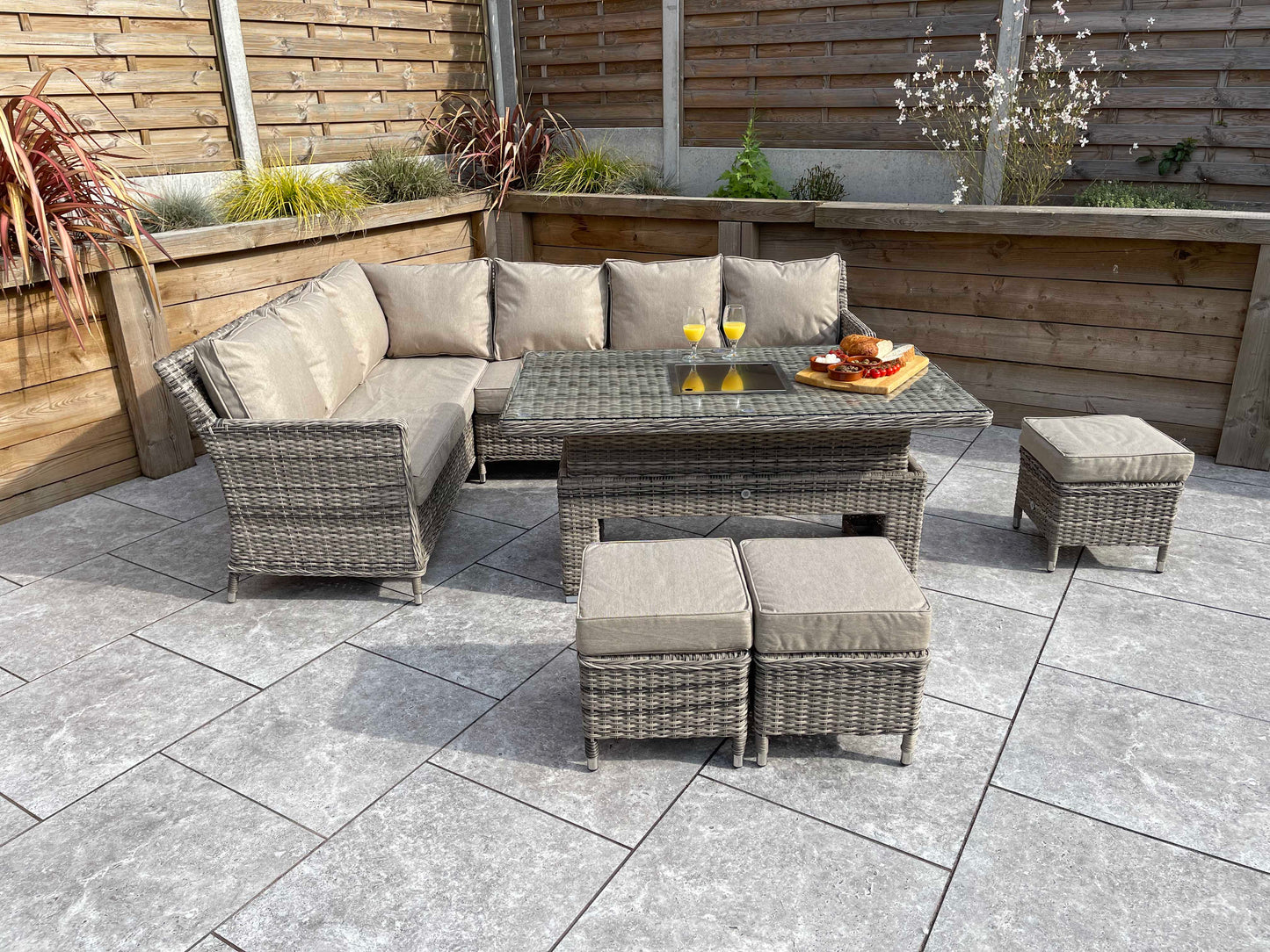 Signature Weave - Edwina Outdoor Grey Corner Sofa Dining Set with Lift Table & Ice Bucket