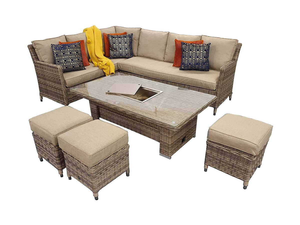 Signature Weave - Edwina Outdoor Natural Brown Corner Sofa Set with Lift Table & Ice Bucket