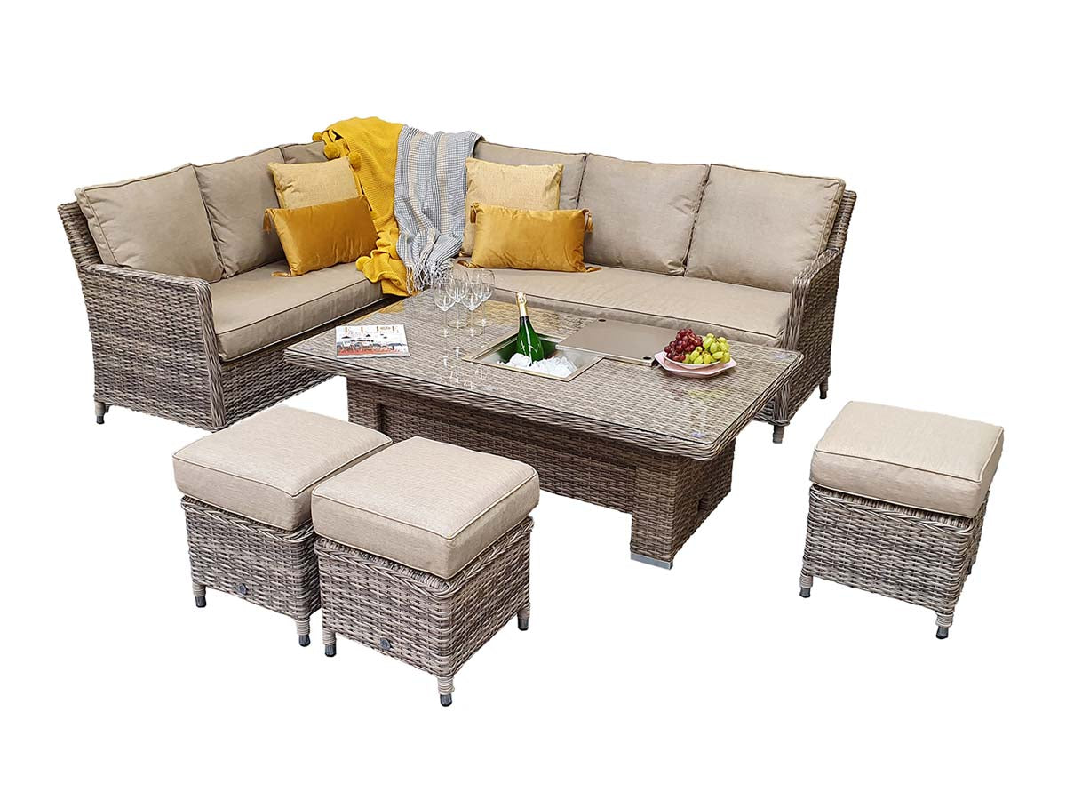 Signature Weave - Edwina Outdoor Natural Brown Corner Sofa Set with Lift Table & Ice Bucket