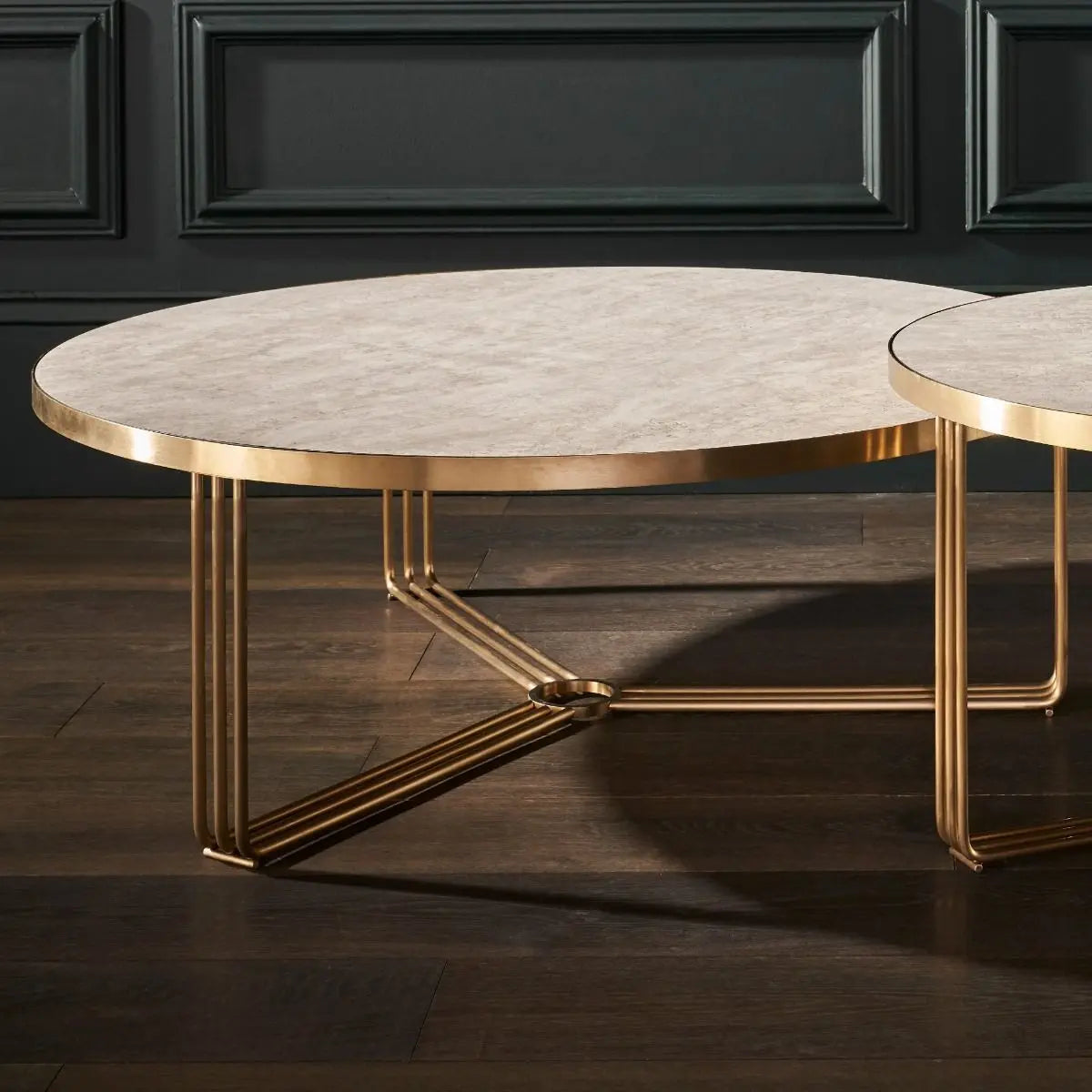 Finn Large Circular Coffee Table Pale Stone Laminate Top & Brass Frame Large Round Coffee Table