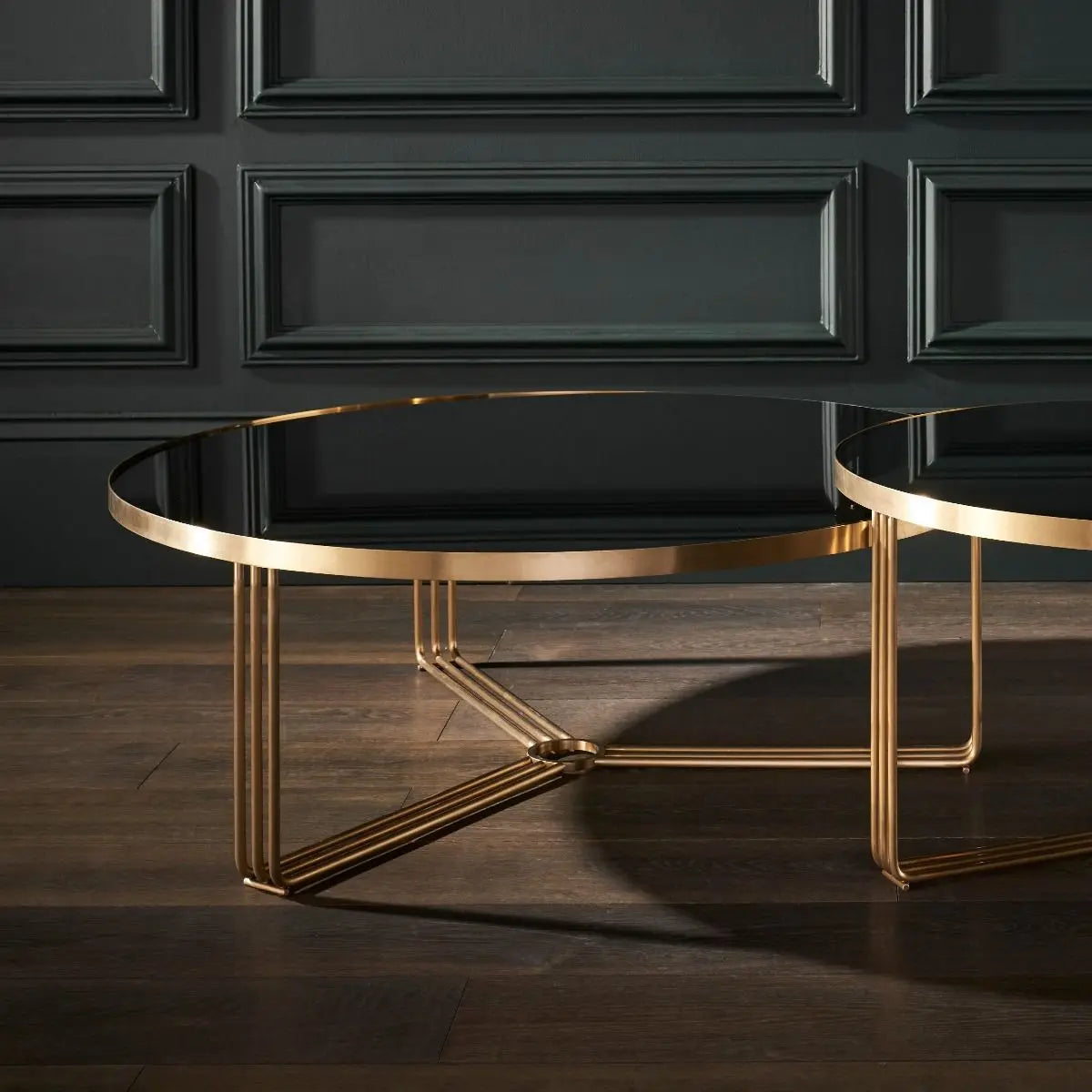 Finn Large Circular Coffee Table Black Glass Top & Brass Frame Large Round Coffee Table