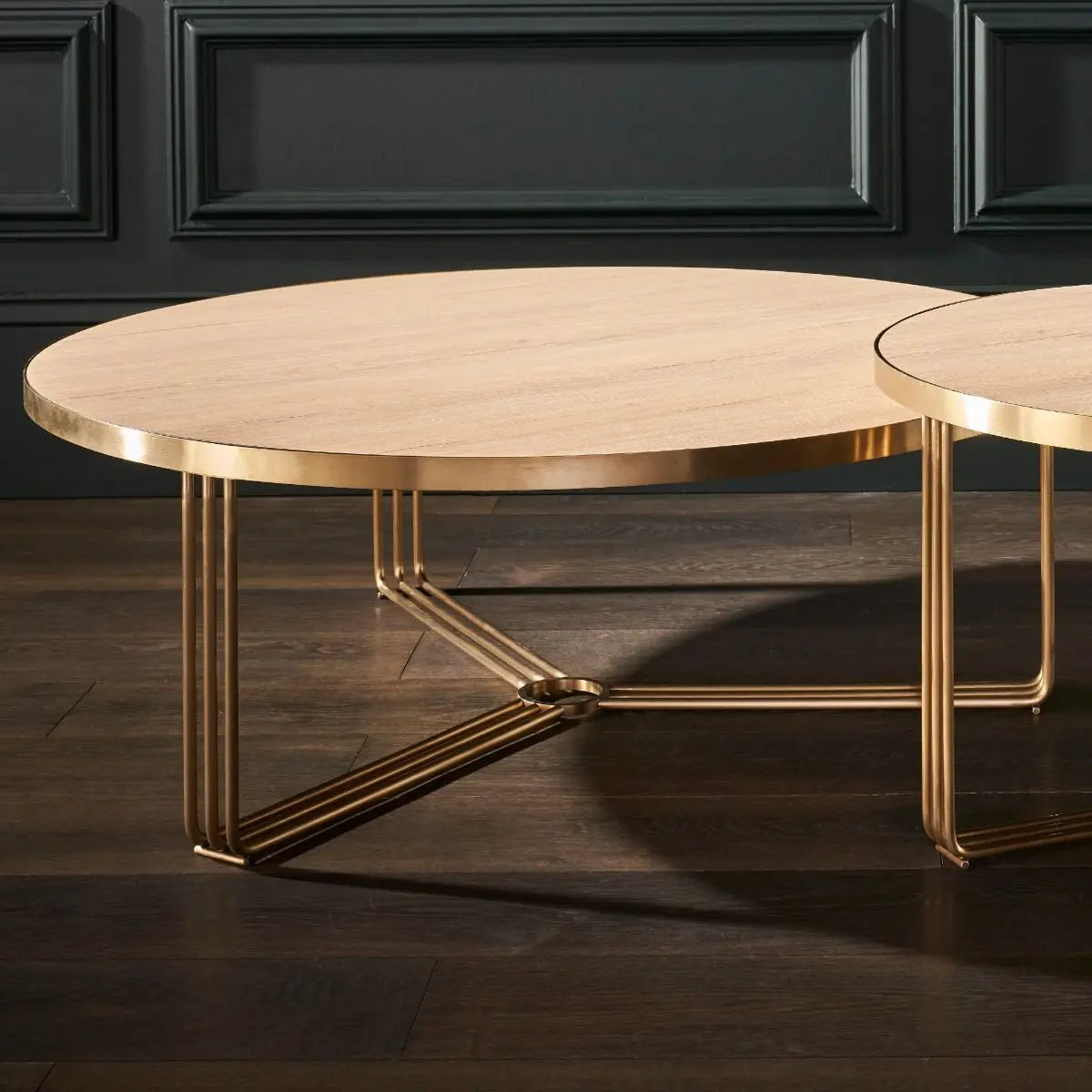 Finn Large Circular Coffee Table – Pale Oak Top & Brass Frame