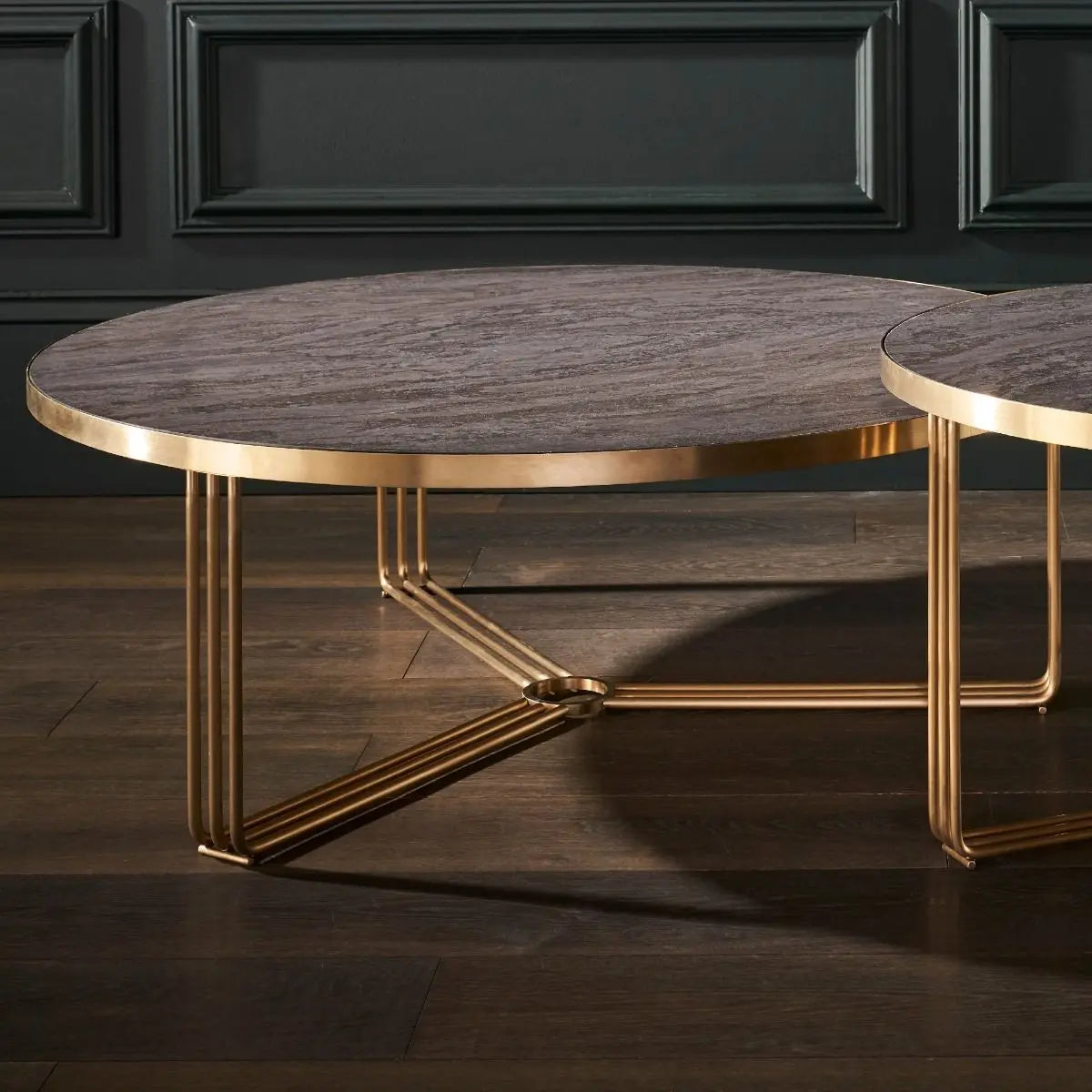 Finn Large Circular Coffee Table Dark Oak Top & Brass Frame Large Round Coffee Table