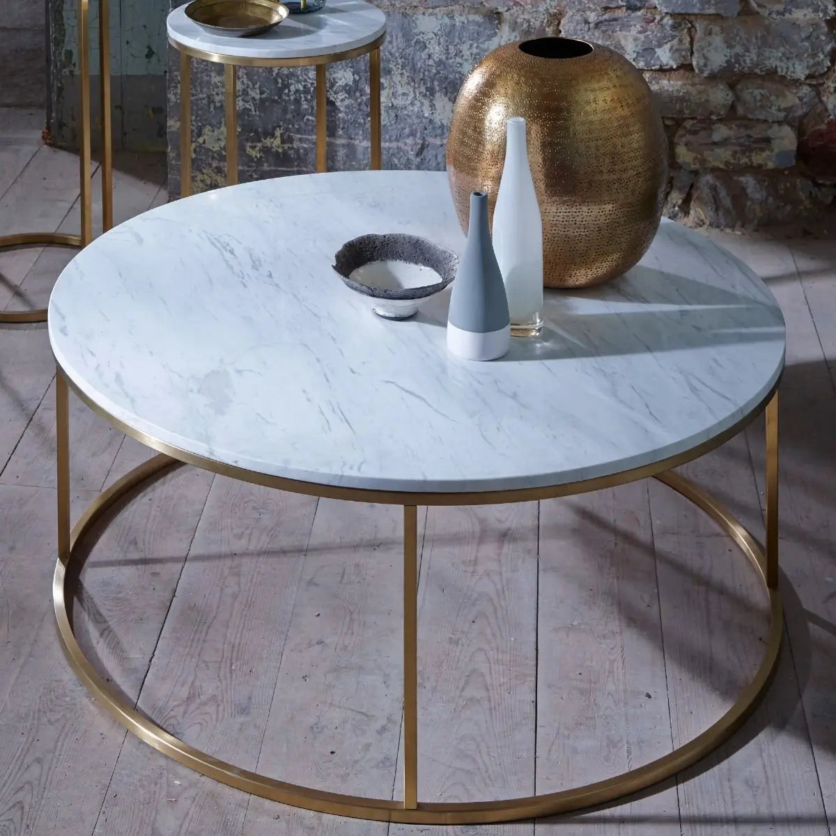 Kensal Circular Coffee Table White Marble Top & Brass Base