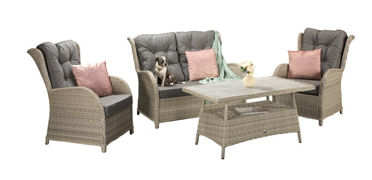 Signature Weave - Outdoor Furniture - Meghan - Four Seat Sofa Set With Supper Table In Creamy Grey Wicker With Pale Grey Cushions