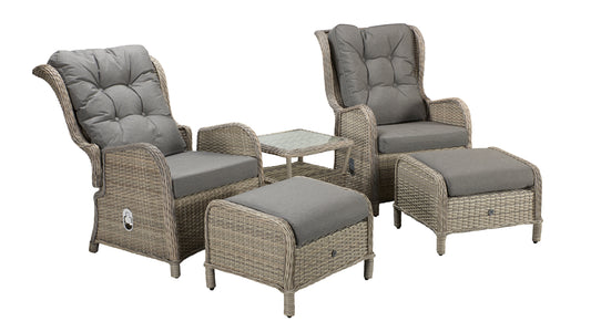 Signature Weave - Outdoor Furniture - Meghan - Five Piece Reclining Lounge Set In Fine Cream Grey Wicker With Pale Grey Cushions